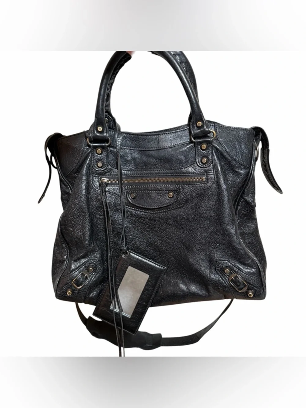 Balenciaga Classic Velo Black Leather Bag Aged Brass Moto Crossbody - Picture 2 of 16